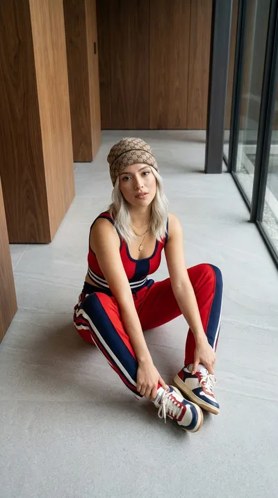 AI-designed red athleisure look